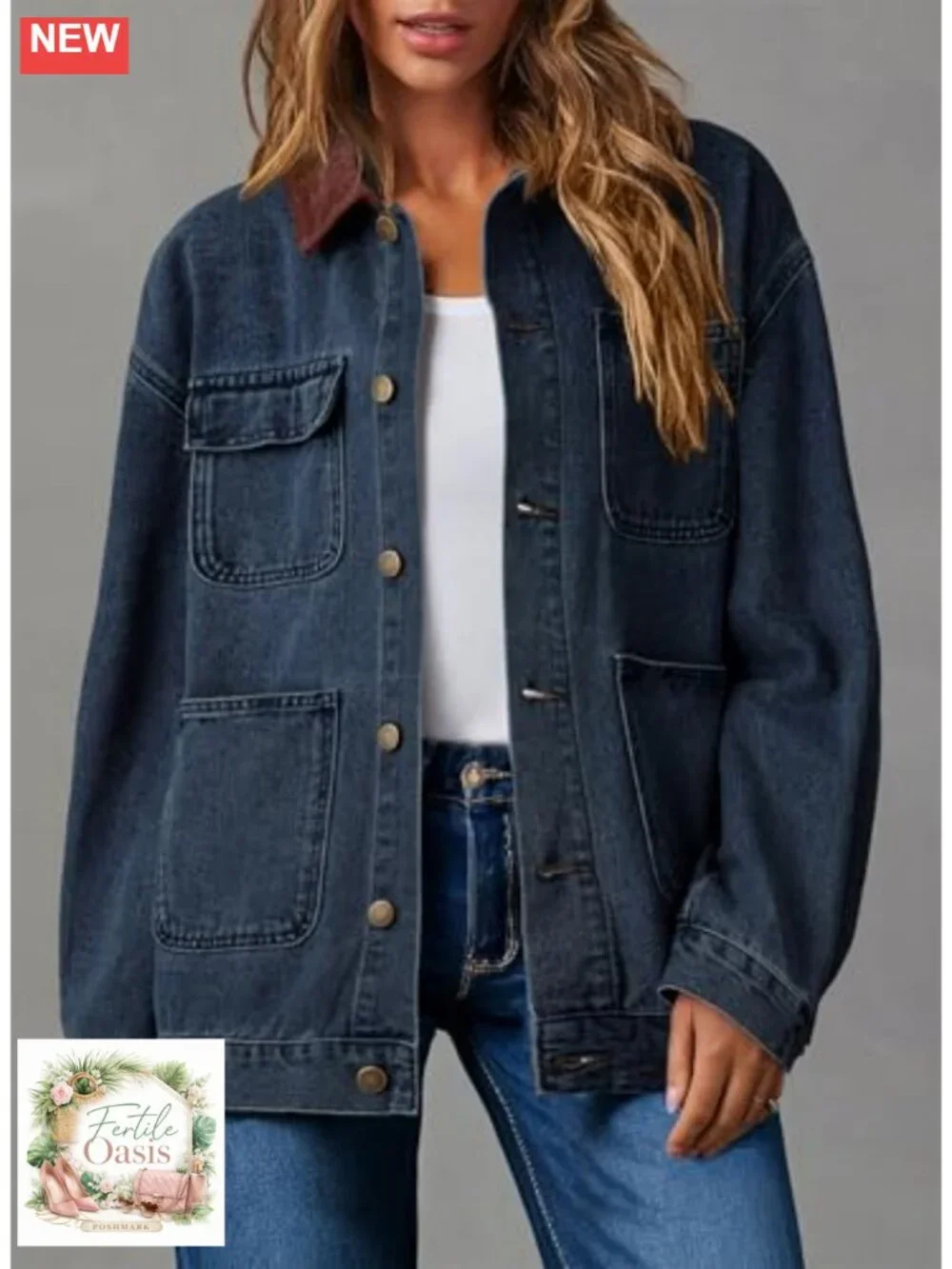 Oversized Denim Jacket Women Vintage Corduroy Collar Barn Jacket Long Sleeve
